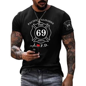 Mens Retro LAFD Fire Station 69 Pacific Palisades Print T Shirt 2