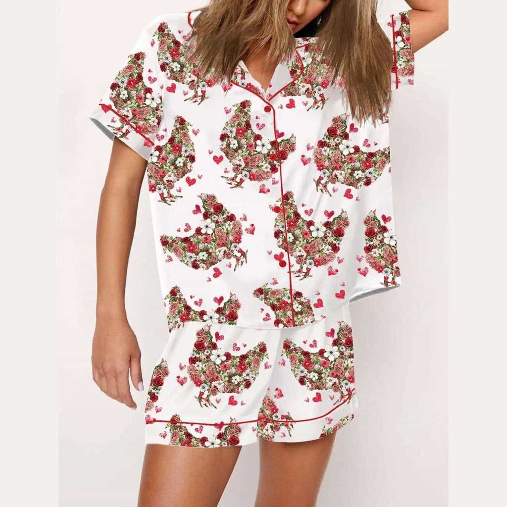 Floral Chicken Valentine Print Pajama Set