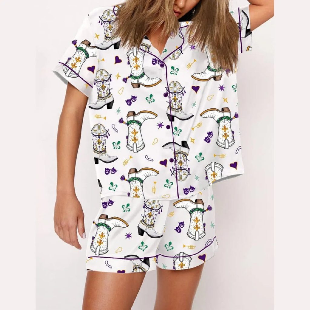 Mardi Gras Cowboy Boot Print Pajama Set