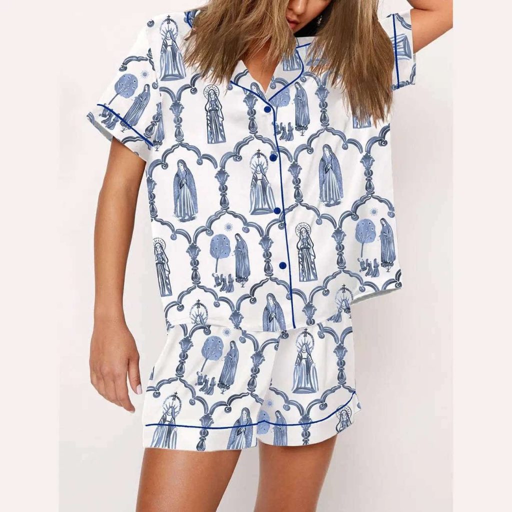 Mary Apparition Catholic Blue & White Pajama Set