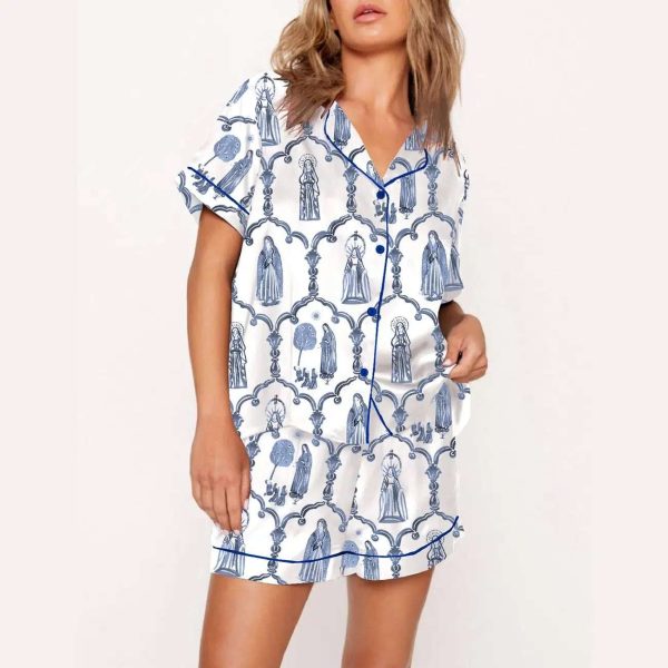 Mary Apparition Catholic Blue & White Pajama Set