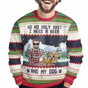 Ho Ho Holy I Need A Beer Bourbon Wine And My Dog Custom Name Ugly Christmas Sweater1