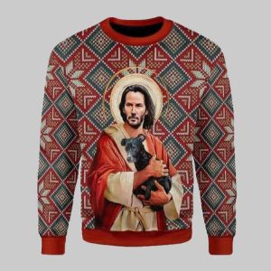 Jesus Keanu Reeves With Dog Ugly Christmas Sweater