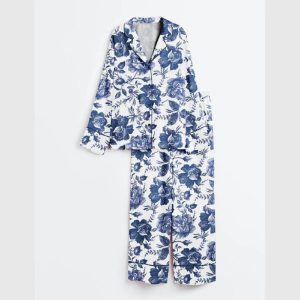 Rose To Fame Blue White Rose Floral Satin Pajama Set1