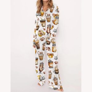 Coffee And Cats Satin Pajama Set1