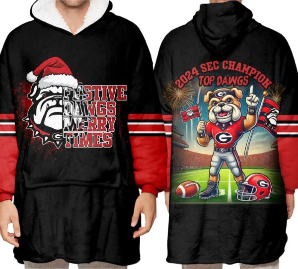 Bulldogs Festive Dawgs Merry Times 2024 SEC Champions Blanket Hoodie