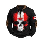 Canada Flag & Skull Pattern Men's Vintage Half Zip Sweatshirt