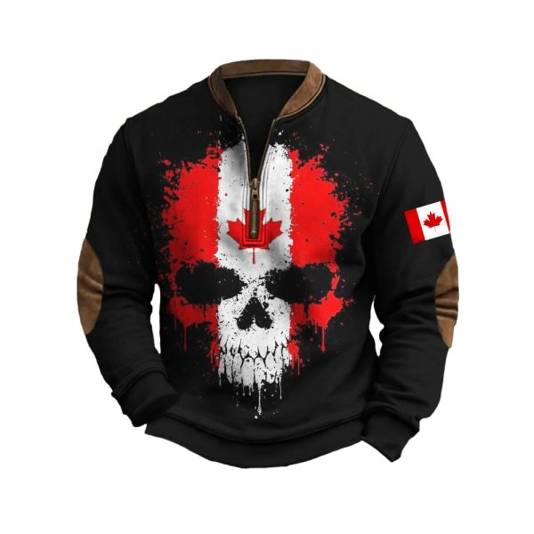 Canada Flag & Skull Pattern Men’s Vintage Half Zip Sweatshirt