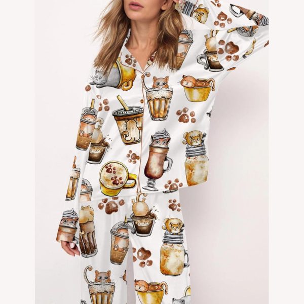 Coffee And Cats Satin Pajama Set