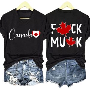 V neck Retro Love Canada Fuck Musk Print T Shirt1