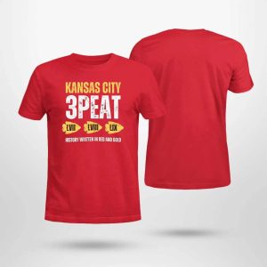 Kansas City 3 Peat Super Bowl Champions History Written In Red And Gold Shirt 2