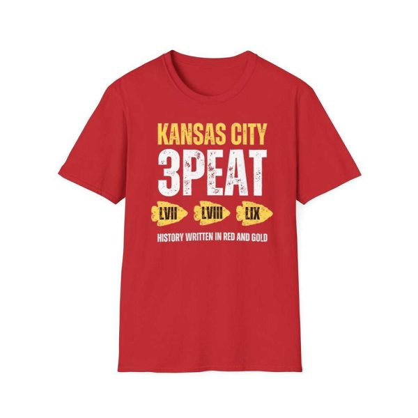 Kansas City 3-Peat Super Bowl Champions History Written In Red And Gold Shirt