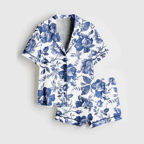 Rose To Fame Blue & White Rose Floral Satin Pajama Set