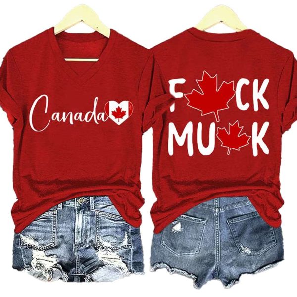 V-neck Retro Love Canada Fuck Musk Print T-Shirt