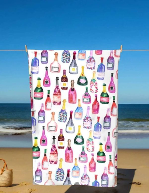 Watercolor Champagne Bottles Beach Towel