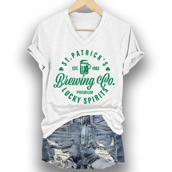 Womens Funny St.Patricks Brewing Co. EST.1982 Print Casual V-Neck Tee