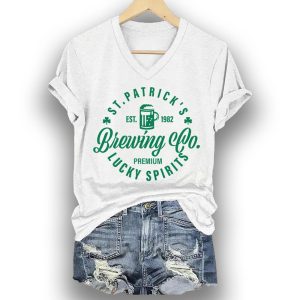 Womens Funny StPatricks Brewing Co EST1982 Print Casual V Neck Tee1