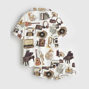 Retro Musical Guitar Instrument Gramophone Piano Art Print Pajama Set1