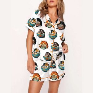 Chonky Black Cat Ramen Japanese Noodles Pajama Set