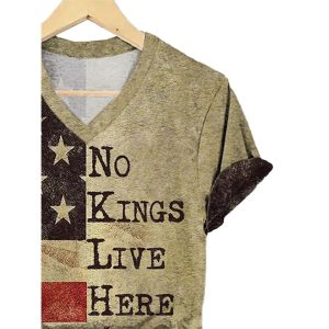 V Neck Retro No Kings In America Crown Print T Shirt2