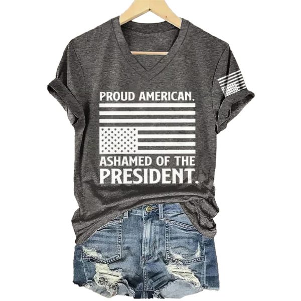 Retro Proud American Ashamed Of The President Print T-Shirt