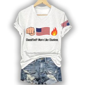 V Neck Retro Fist Flag Fire Classified More Like Clueless Print T Shirt2