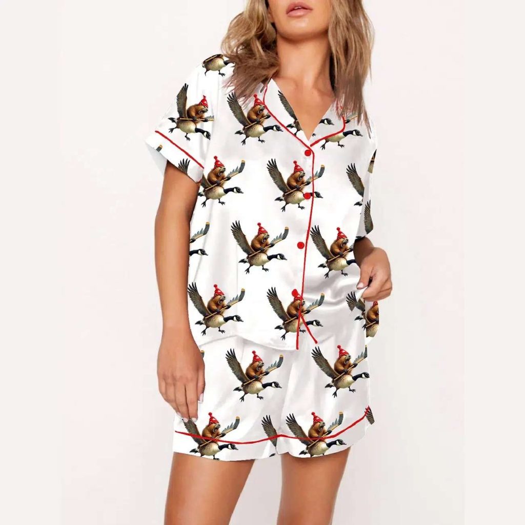 Elbows Up We Are Canadian Angry Beaver Flying Goose Bumper Print Pajama Set Elbows Up We Are Canadian Angry Beaver Flying Goose Bumper Print Pajama Set