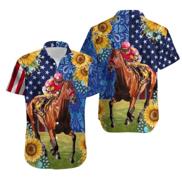 Kentucky Derby Horse Racing Sun Flower Hawaiian Shirt
