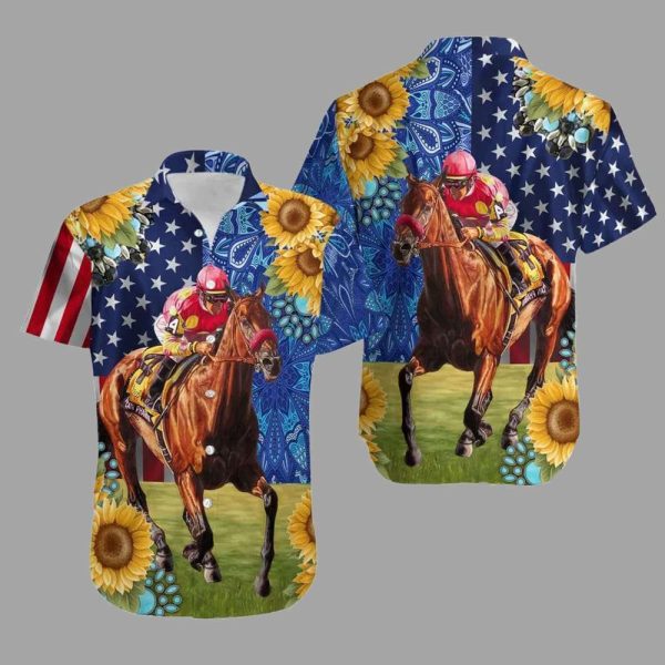 Kentucky Derby Horse Racing Sun Flower Hawaiian Shirt