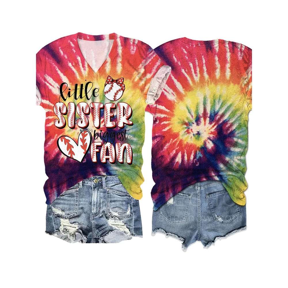 Little Sister Biggest Fan Baseball Fan Tie Dye Print T Shirt Little Sister Biggest Fan Baseball Fan Tie Dye Print T-Shirt