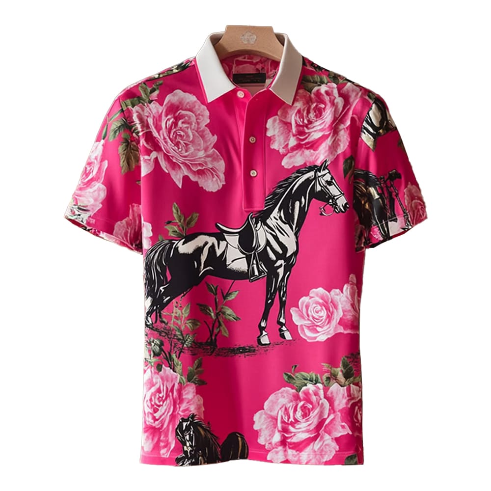 Mens Horse Racing Rose Short Sleeve Polo T Shirt Mens Horse Racing Rose Short Sleeve Polo T-Shirt