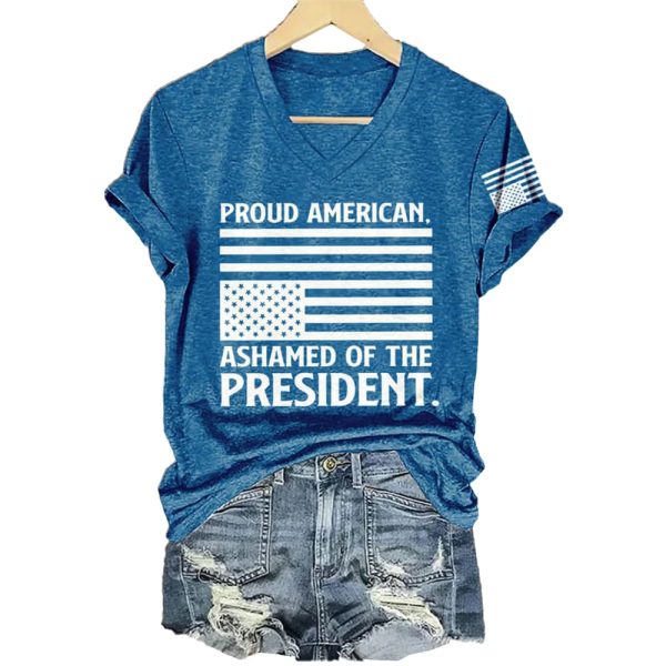 Retro Proud American Ashamed Of The President Print T-Shirt