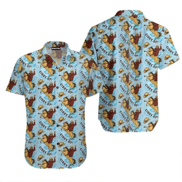 Sky Blue Vintage Rodeo Horse Riding Bigfoot Hawaiian Shirt