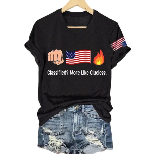 V-Neck Retro Fist Flag Fire Classified More Like Clueless Print T-Shirt