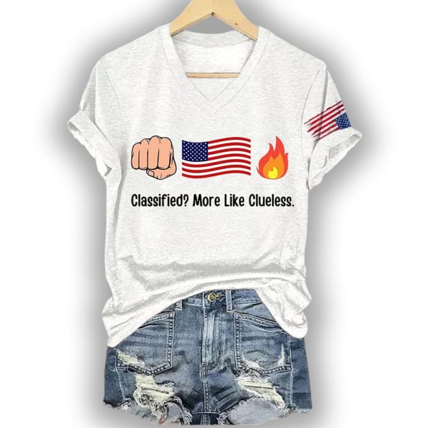 V-Neck Retro Fist Flag Fire Classified More Like Clueless Print T-Shirt