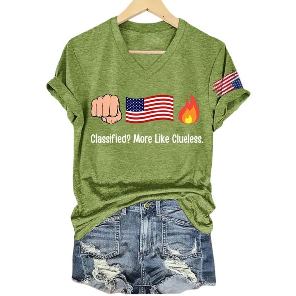 V-Neck Retro Fist Flag Fire Classified More Like Clueless Print T-Shirt