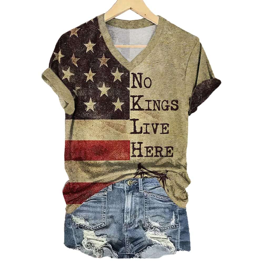 V Neck Retro No Kings In America Crown Print T Shirt V-Neck Retro No Kings In America Crown Print T-Shirt