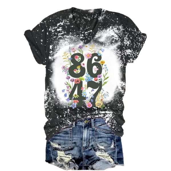 V-Neck Retro Tie-Dye Flowers 86 47 Print T-Shirt