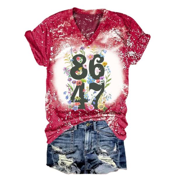 V-Neck Retro Tie-Dye Flowers 86 47 Print T-Shirt