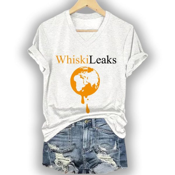 V-Neck Retro Whiskileaks Print T-Shirt