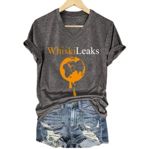 V Neck Retro Whiskileaks Print T Shirt2
