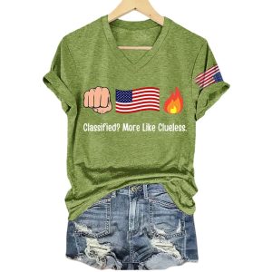 V Neck Retro Fist Flag Fire Classified More Like Clueless Print T Shirt4
