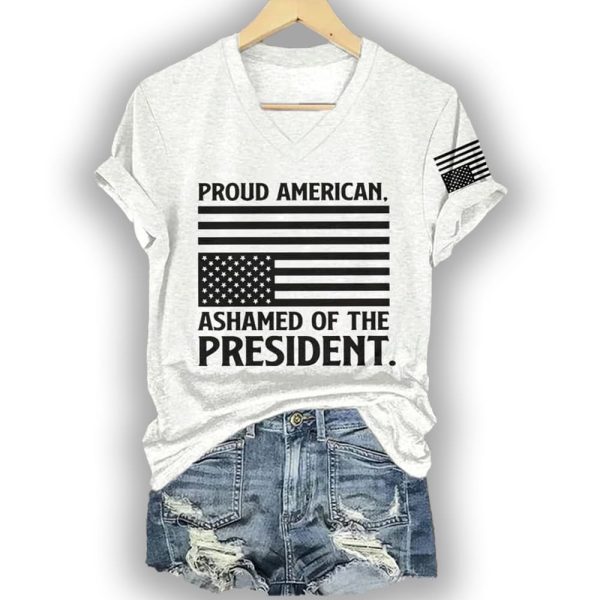 Retro Proud American Ashamed Of The President Print T-Shirt