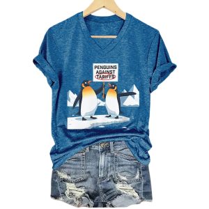 Retro Penguins Against Tariffs Print T Shirt2