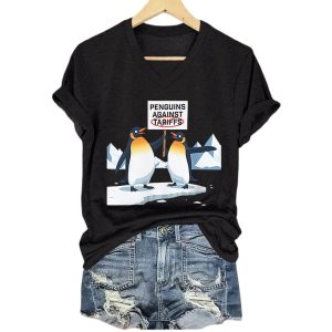 Retro Penguins Against Tariffs Print T Shirt1