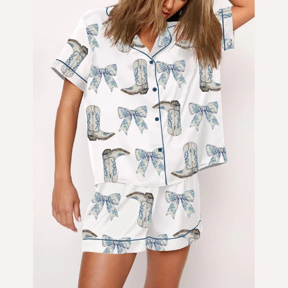 Coquette Blue Bow And Boots Cowgirl Short Sleeve Satin Pajama Set Coquette Blue Bow And Boots Cowgirl Short Sleeve Satin Pajama Set