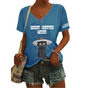 Womens FDT Flying Dragon Tales Printed V Neck T Shirt1