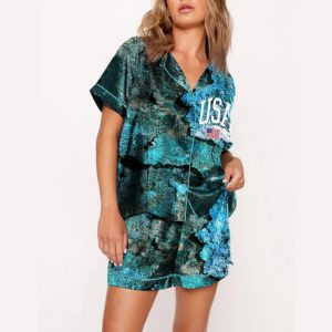 USA Flag Dilapidated Ruins Print Pajama Set2