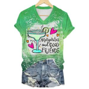 Womens Cinco De Mayo Margaritas And Good Friends Printed Short Sleeved T Shirt