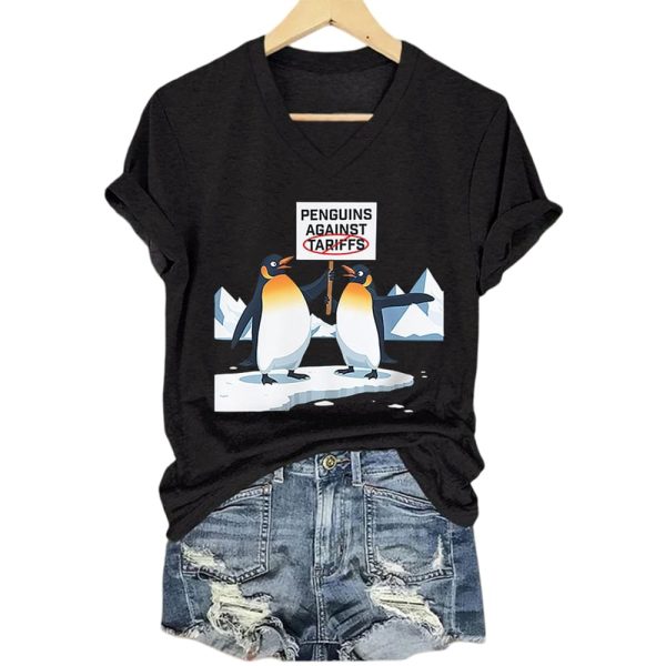 Retro Penguins Against Tariffs Print T-Shirt